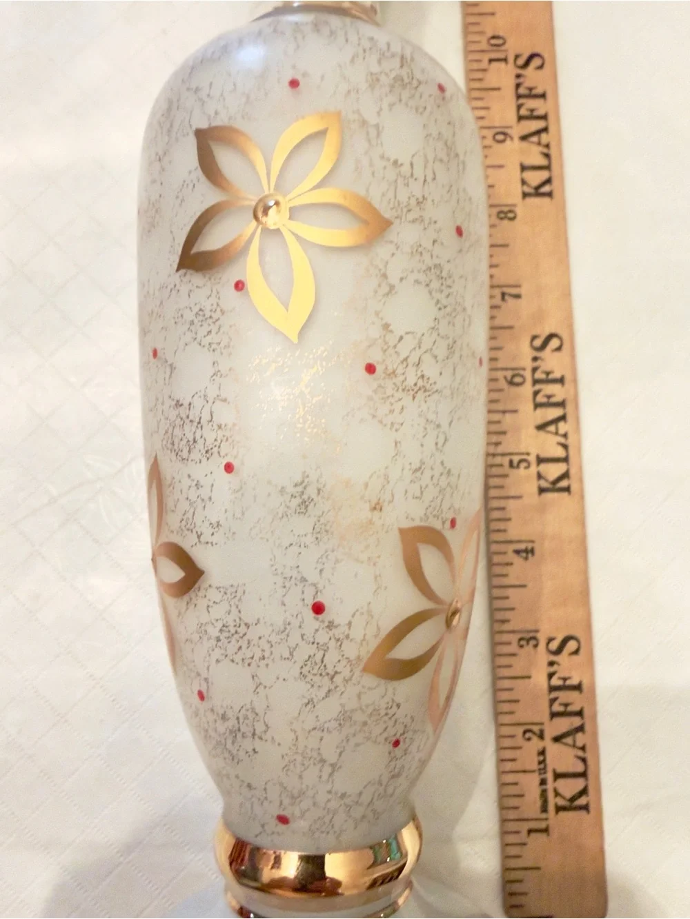 White opaline/milk glass gilded (gold) flower speckled gold stippling red dots